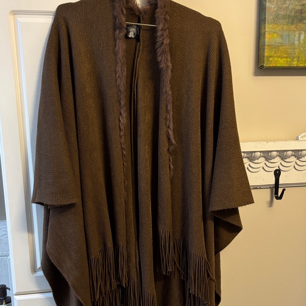 Acrylic fringe wrap sweater with rabbit fur trim